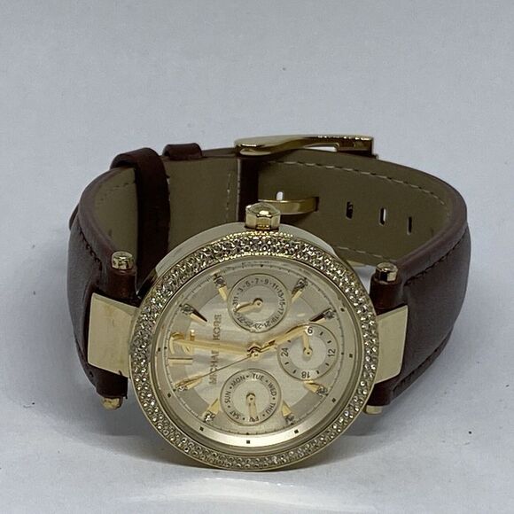 Michael Kors MK6351 Women's Brown Leather Analog Gold Dial Quartz Watch WO659 - Picture 7 of 12
